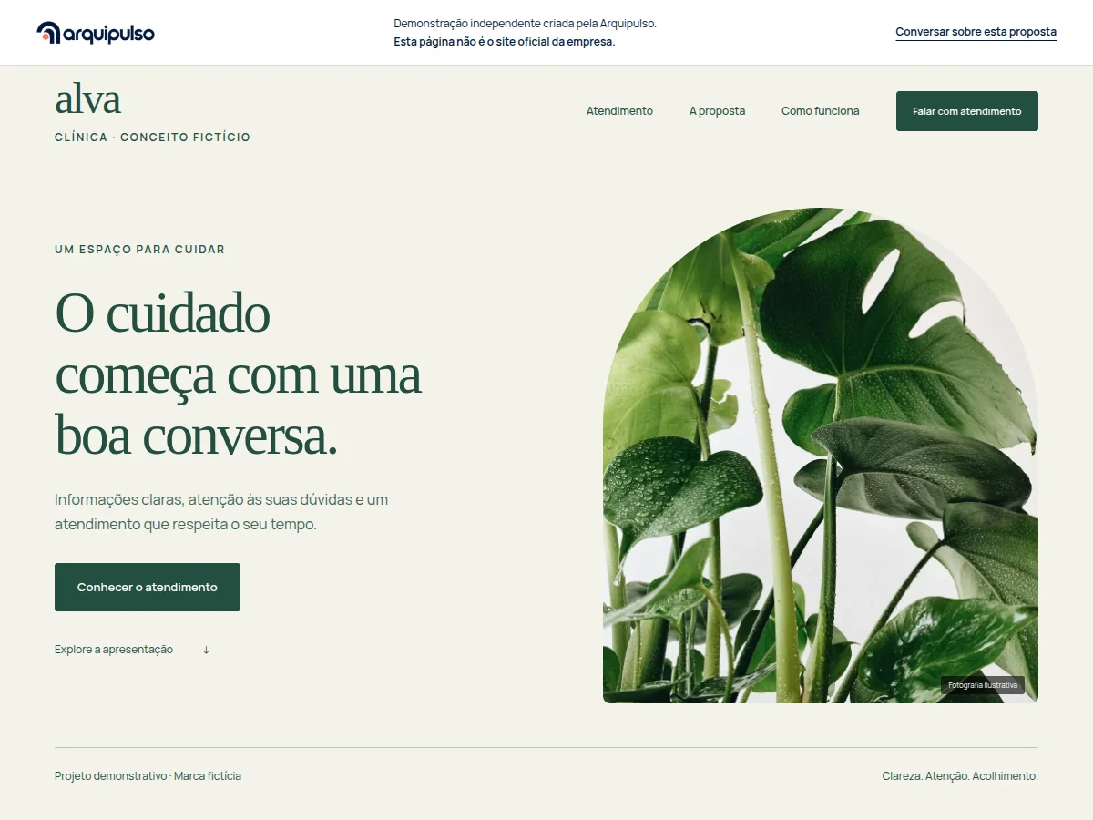 Captura real da demonstração Alva, com apresentação de clínica e navegação funcional